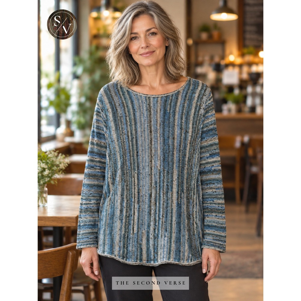 J. Jill Women XL Blue Space Dye Vertical Stripe Knit Sweater Boho Lagenlook